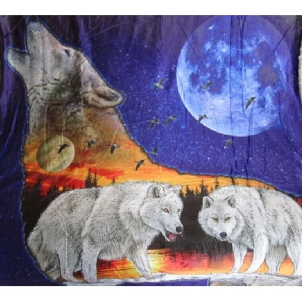 New Wolf Wolves and Moon Sherpa Gift Fleece Throw Blanket Sihouette Orange Sky - Picture 2 of 4